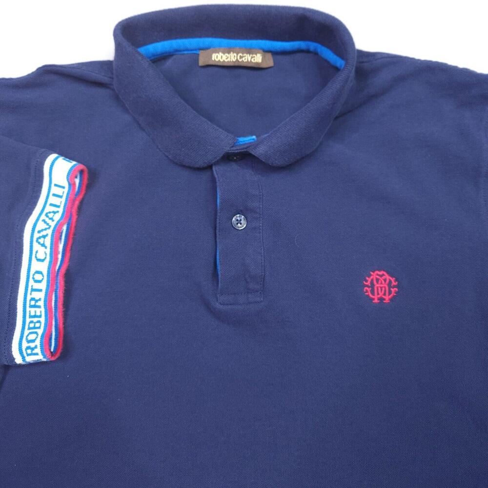 Roberto Cavalli Navy Logo Trim Embroidered Designer Luxury Polo Shirt Preppy L